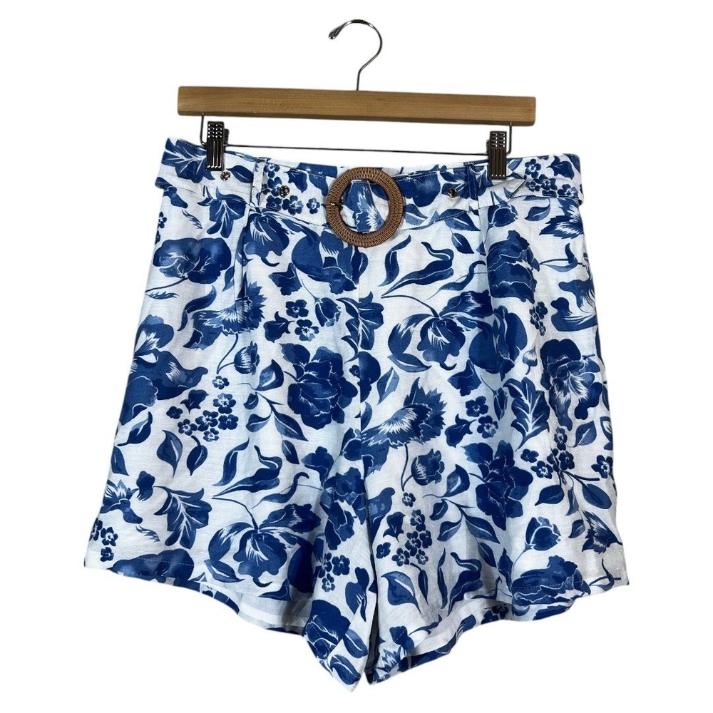 Hudson Gray Belted Floral Print Shorts Blue Tropical Rattan Buckle Size XL